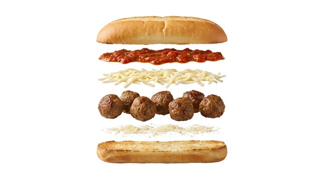 Close-up vertical meatball sub sandwich with marinara sauce and melted cheese on toasted bun