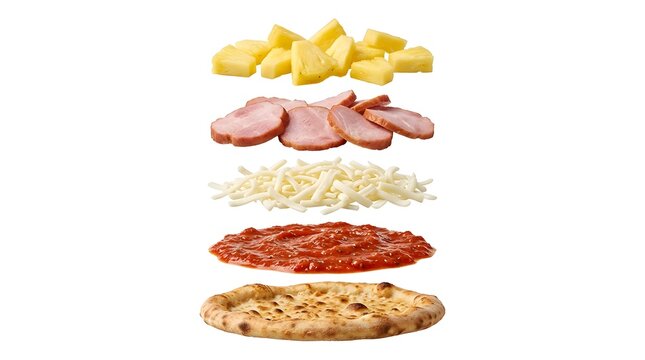 Exploded view of fresh Hawaiian pizza toppings layered with ham, pineapple, and melted cheese on dough base