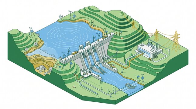 Isometric Hydroelectric Power Plant Dam and Reservoir Renewable Energy Electricity Generation