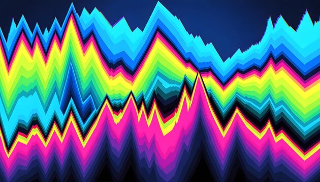 Neon electronic sound wave visualization and digital audio equalizer. Futuristic technology data analysis and sound spectrum. Bright colorful peaks glowing on a dark background