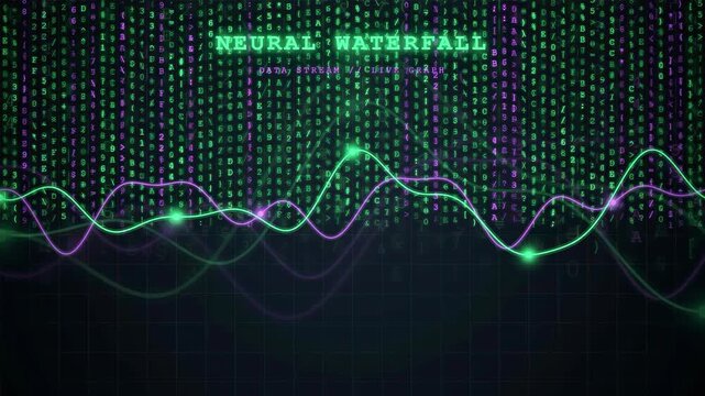 Abstract Digital Data Stream with Glowing Sine Waves and Binary Code Matrix Background