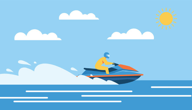 Adventurous person riding a blue and orange jet ski across ocean waves on a sunny summer day with clouds in the sky.