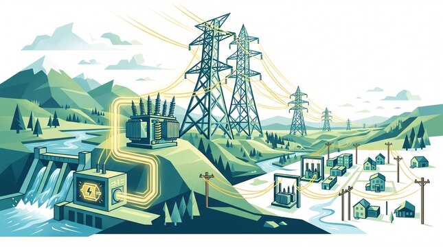 Electricity Generation and Transmission Vector Illustration Renewable Power Distribution System