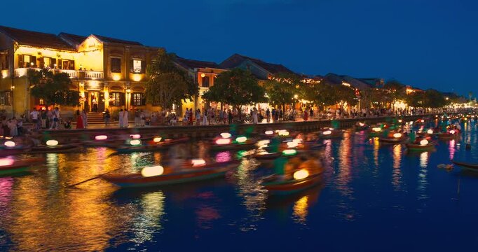 Time lapse of timelapse of Hoian Old town in Hoi An city, Da Nang province, Vietnam. Panoramic riverside of Ancient town, UNESCO world heritage. One of the most travel popular touristic destinations 
