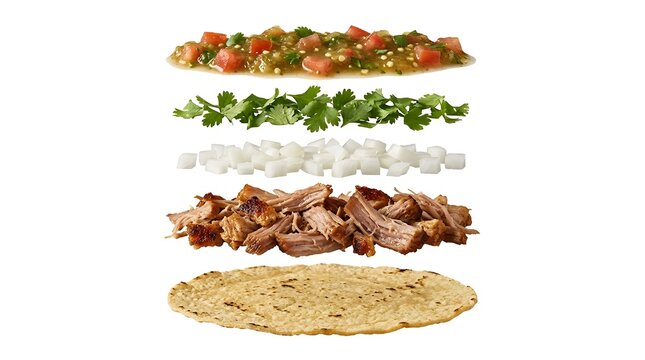 Exploded view of carnitas taco ingredients layered vertically on white background for food styling