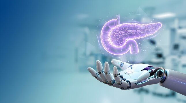 Robotic Hand Presenting Glowing Hologram of Human Pancreas for AI Medical Diagnostic Technology 