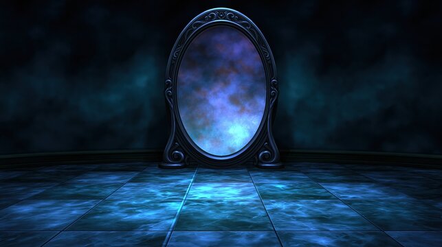 Ornate Arched Silver Mirror with Ethereal Blue Reflection