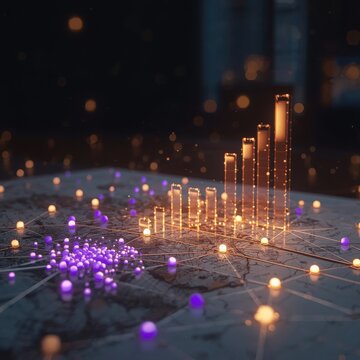 Futuristic digital data network graph with glowing nodes and bar chart visualization information technology business intelligence network connection glowing lights data analysis analytics