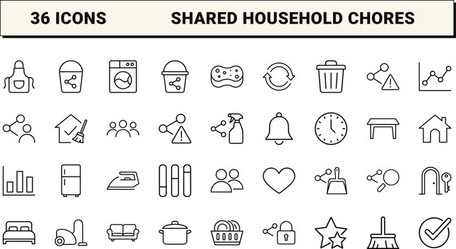Flat Share Chart Shared Household Chores Web Icon Set in Linear Style. Collection of roommate chore chart line icons, including cleaning schedule, roommate duties, household tasks, chore tracking.