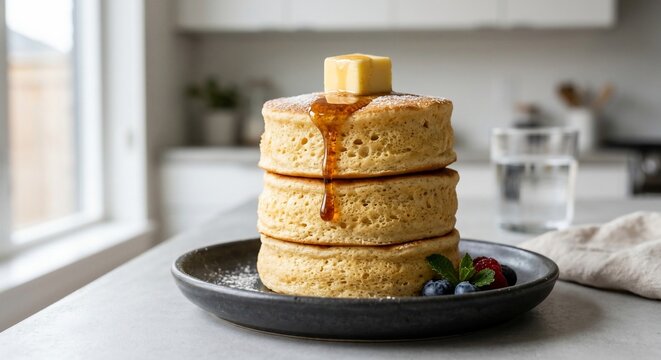 Fluffy Japanese souffle pancakes stack with melting butter and dripping syrup on plate