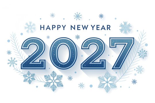 Happy new year 2027 blue typographic greeting card design with snowflakes