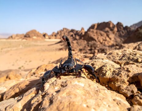A Black Scorpion Stands Alertly on a Sun-Drenched Rocky Outcrop in a Desert Landscape