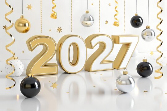 Luxury new year 2027 golden numbers with baubles and confetti background