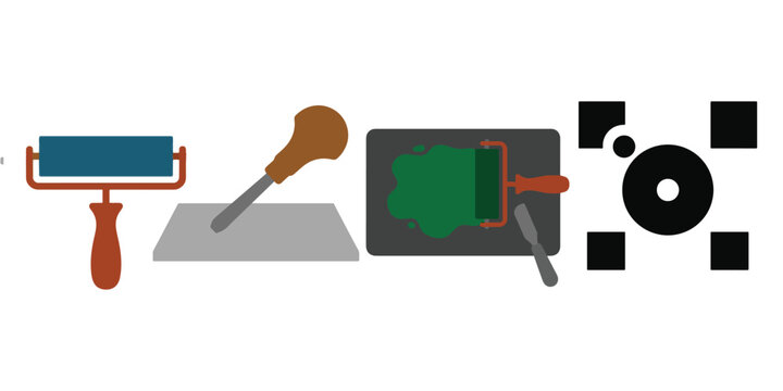 Printmaking tools set with brayer roller, carving gouge, ink plate and registration mark icon