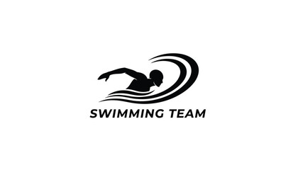Obraz premium Swimming team logo design featuring a black silhouette of an athlete swimming through stylized waves on a clean white background for sports.