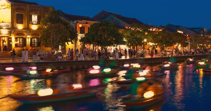 Time lapse of timelapse of Hoian Old town in Hoi An city, Da Nang province, Vietnam. Panoramic riverside of Ancient town, UNESCO world heritage. One of the most travel popular touristic destinations 
