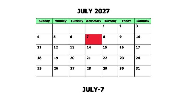 July 2027 calendar page with highlighted date july 7th planning and scheduling concept schedule