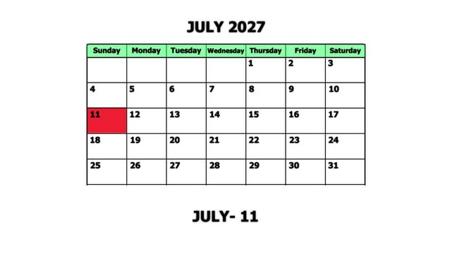 July 2027 calendar page with highlighted date july 11th planning and scheduling concept schedule