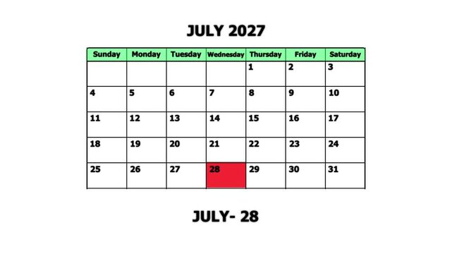 July 2027 calendar page with highlighted date july 28th for planning and scheduling schedule