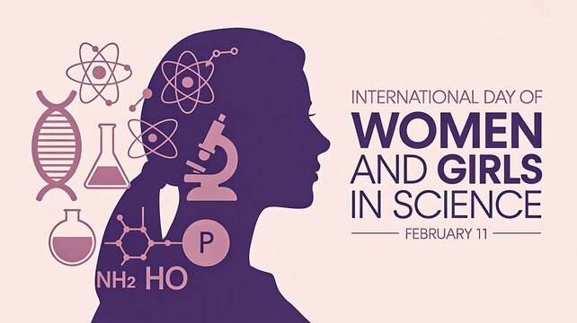 International day of women and girls in science with female silhouette and scientific education