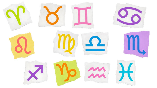 Colorful zodiac symbols on textured paper squares