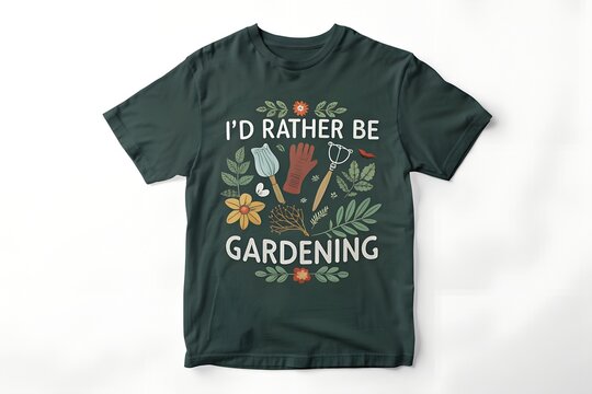 Dark green t shirt mockup featuring a gardening typography design