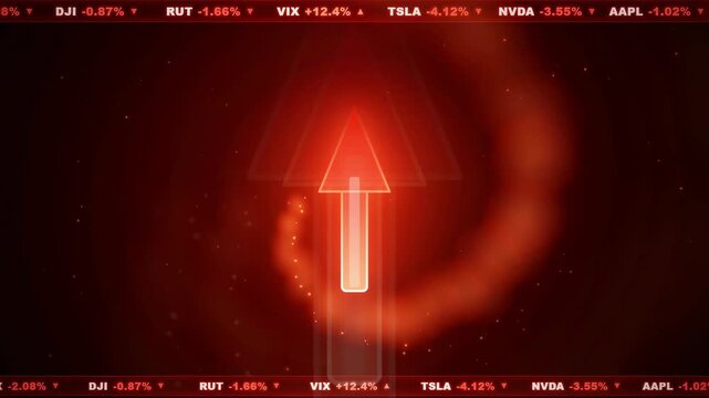 Abstract financial market crash animation with red downward arrow and falling stock ticker data