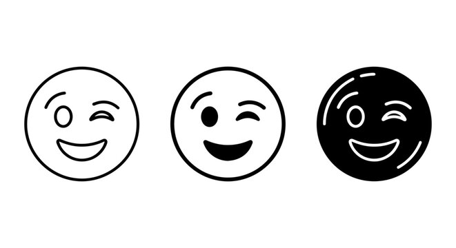 Winking Face Emoticons, Simple Icons, Black and White Smiley Faces, Vector Graphics