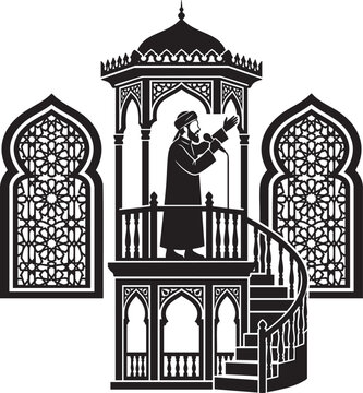 Black and white vector illustration of a religious speaker on a minbar pulpit with arabic islamic podium imam speaking black silhouette