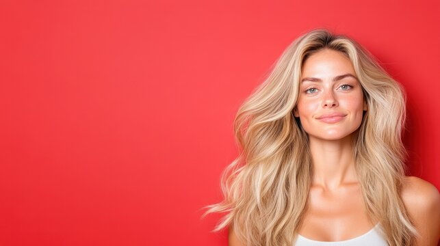 Radiant Blonde Beauty: A beautiful young woman with long, flowing blonde hair and a gentle smile poses against a vibrant red backdrop, exuding confidence and elegance.