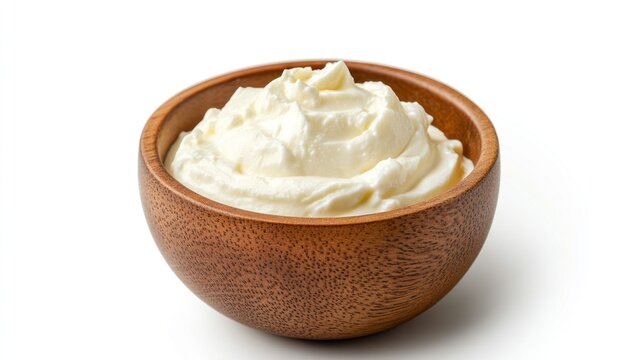 Cream Cheese in Wooden Bowl: A close-up shot of smooth, rich cream cheese served in a rustic wooden bowl, perfect for culinary inspiration.