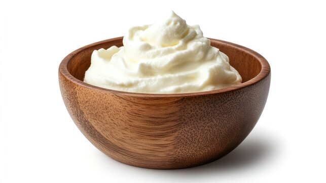 Creamy Delight in Wooden Bowl: A smooth, rich dollop of fresh cream is presented in a rustic wooden bowl, hinting at culinary indulgence and delightful sweetness.