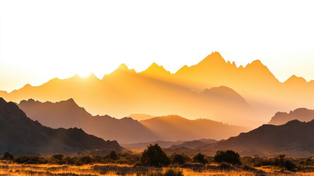Golden Peaks of Dawn: Majestic mountain ranges bathed in the warm, golden hues of sunrise, with light rays piercing through the mist, creating a breathtaking vista of natural beauty.