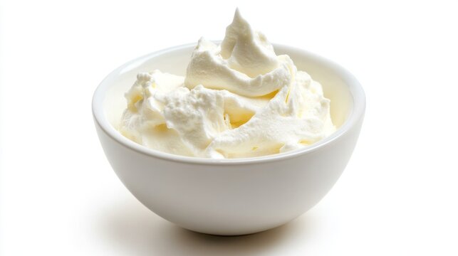Creamy Delight: A bowl of fluffy, whipped cream with peaks and swirls, ready to top your favorite dessert, captures the essence of sweet indulgence.