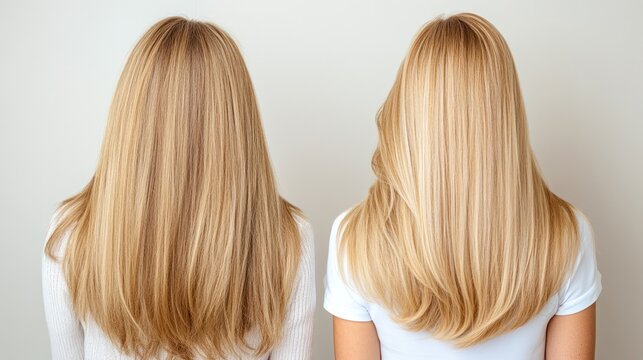Blonde Hair Before and After Styling: Two views showcase a woman's blonde hair, highlighting a comparison between a straight, sleek style and a more voluminous, wavy look.