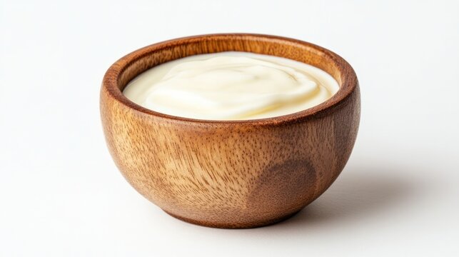 Creamy Delight in Wooden Bowl: A close-up shot showcases a rustic wooden bowl filled with smooth, creamy white yogurt, hinting at a wholesome and delicious treat.
