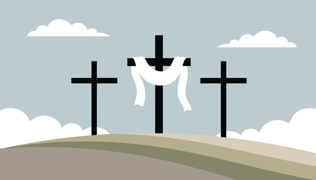 Religious illustration for Good Friday or Easter showing three wooden crosses on a hill with a white burial cloth draped over the central one.