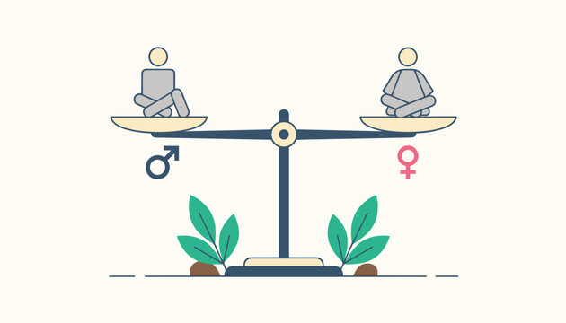 Conceptual illustration for gender equality featuring male and female figures perfectly balanced on a scale with their respective gender symbols.