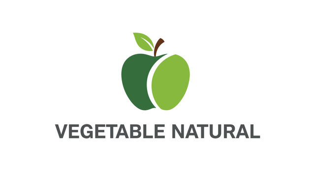 Green apple logo with a dynamic curve and bold text reading vegetable natural for an organic food brand identity.