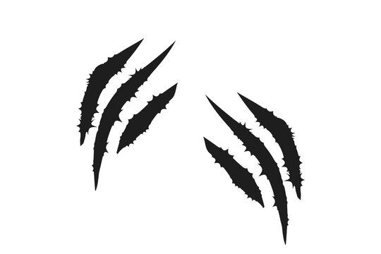 Black claw scratch marks with sharp jagged strokes on white background. Dramatic animal slashes create a bold distressed effect. Isolated grunge elements for horror, gaming, and design.