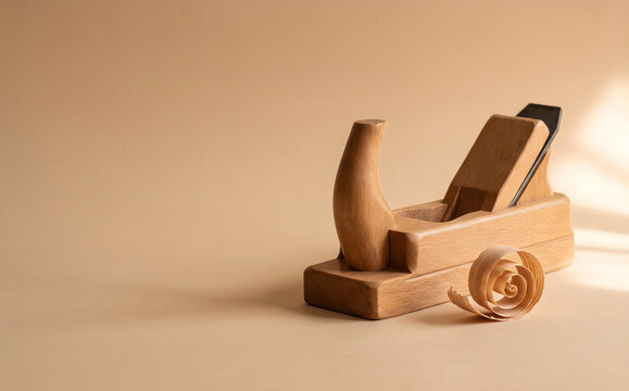 Wooden hand plane tool with wood shaving on warm background for Labor Day