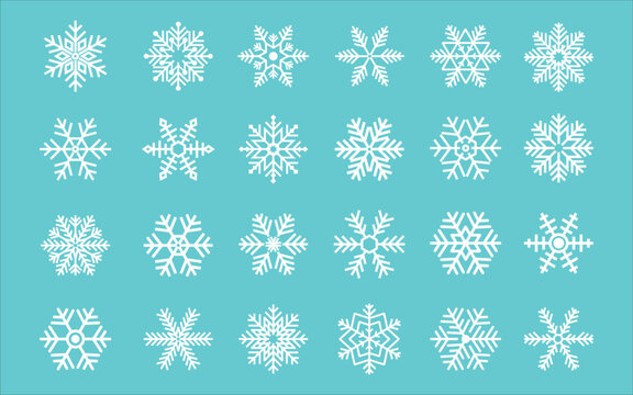 White snowflake set vector illustration on cyan background with geometric crystal shapes for christmas decoration, winter holiday pattern, and new year frozen ornament.