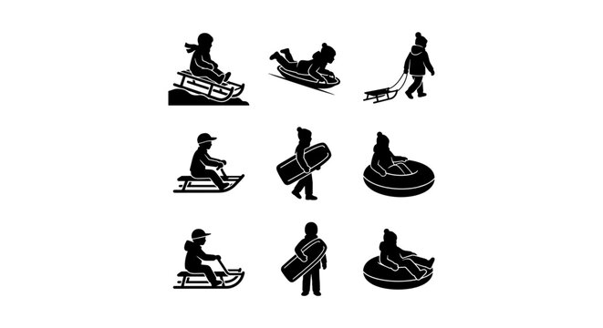Winter Fun Silhouettes: Sledding, Tubing, Snowboarding Icons for Seasonal Graphics