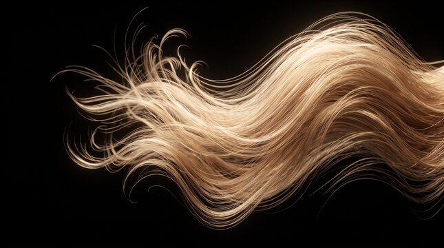 A close-up shot of flowing blonde hair isolated on a solid black background, capturing the movement, texture, and individual strands with dramatic studio lighting.