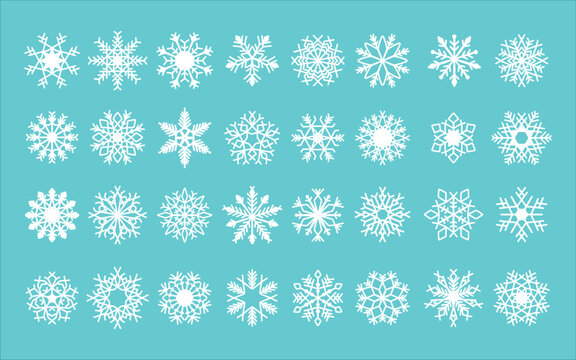 White snowflake set vector illustration on cyan background with geometric crystal shapes for christmas decoration, winter holiday pattern, and new year frozen ornament.