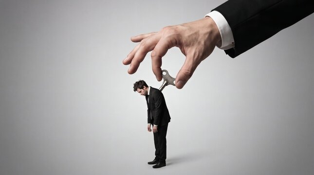 Giant Businessman Hand Winding Up Small Businessman with Toy Key on Back Corporate Control Concept