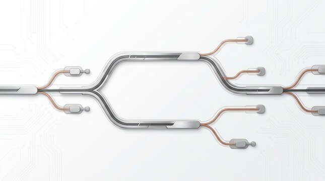 Multiple controlled divergence operational flow with copper monitored branches separating from a continuous metallic system on clean white technology banner background with copy space