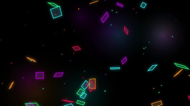 Abstract colorful glowing neon rectangles and confetti motion graphics seamless loop animated background