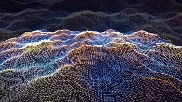 Abstract digital landscape with flowing glowing wireframe mesh waves in blue and gold colors