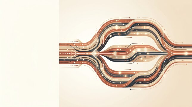 Parallel data processing flow with three synchronized bands splitting and recombining on a warm abstract technology background with left copy space
